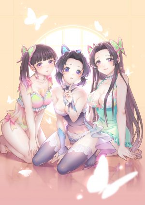 胡蝶香奈惠,胡蝶しのぶ,栗花落カナヲ,鬼灭之刃,sha,前发,裸足,露肩,黑发,直刘海,脸红,bra,胸部,蝴蝶,项圈,cleavage,连衣裙,发饰,巨乳,lingerie,长发,视线正对,横乳,胖次,紫色眼,紫发,缎带,指环,シルエ