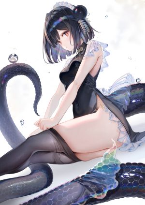 原创,kouyafu,露肩,黑发,breasts,连衣裙,包子頭,发饰,视线正对,nopan,裤袜,红色眼,短发,坐姿,single,白背景