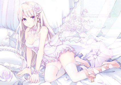 オリジナル,柏原えん,長髪,ソロ,赤面,カメラ目線,light_erotic,乳房,金髪,前髪,purple_eyes,肩出し,大きな乳房,hair_flower,全身,payot,blunt_bangs,sleeveless,arm_support,high_heels