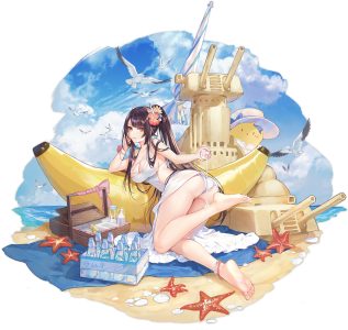 比叡,碧蓝航线,Criin,动物,露肩,裸足,海滩,水着,黑发,胸部,cleavage,连衣裙,发饰,巨乳,长发,视线正对,回头看,马尾辫,single,泳装