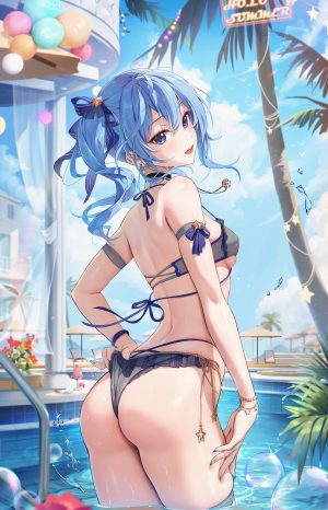 ほうき星,Hololive,星街すいせい,水着,项圈,马尾辫,泳装,结发,碧眼,青发,长发,Vtuber,single