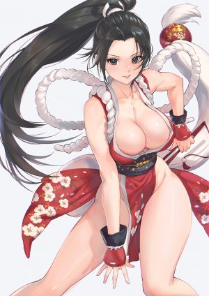 不知火舞,fatal_fury,拳皇,mhkchen,前发,露肩,黑发,胸部,棕色眼,cleavage,连衣裙,巨乳,长发,No-Bra,马尾辫,笑顔