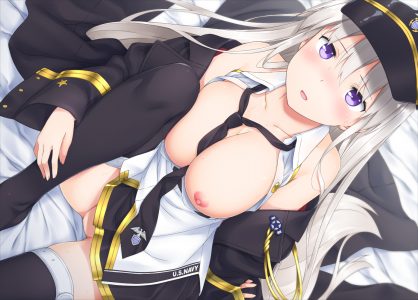 enterprise,碧蓝航线,桐沢しんじ,黑丝,脸红,露胸,巨乳,长发,视线正对,nipples,開いた口,紫色眼,衬衫,银发,坐姿,single