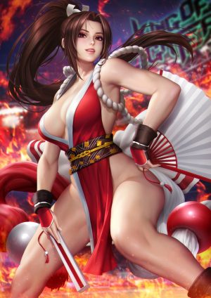 拳皇,不知火舞,nudtawut_thongmai,长发,single,長身像,视线正对,胸部,前发,茶发,笑顔,红色眼,holding,cleavage,马尾辫,和服