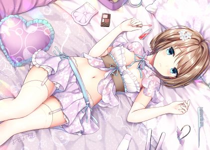 omoomomo,原创,脸红,胸部,茶发,長手袋,手套,露脐,缎带,短发,短裙,Stockings,黑丝,絶対領域,aliasing,signed