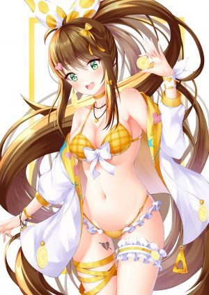 原创,kotomaru,single,長身像,脸红,视线正对,highres,開いた口,胸部,前发,茶发,笑顔,白背景,露肩,绿色眼,巨乳