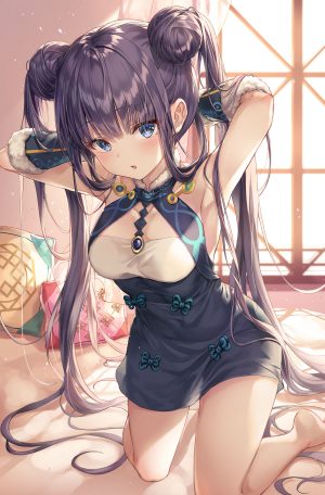 杨贵妃,fate,r_o_ha,前发,露肩,裸足,碧眼,直刘海,脸红,胸部,汉服,双团子头,连衣裙,Fate/Grand_Order,Fate系列,长发,视线正对,紫发,貧乳,single,双马尾