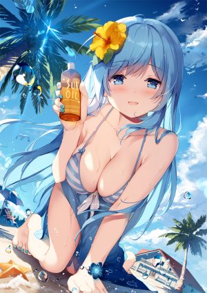 絵守未來,絵月るな,绘守未来Project,宮瀬まひろ,前发,露肩,海滩,水着,碧眼,青发,脸红,胸部,茶发,cleavage,发饰,holding,巨乳,长发,视线正对,開いた口,笑顔,泳装,雨伞