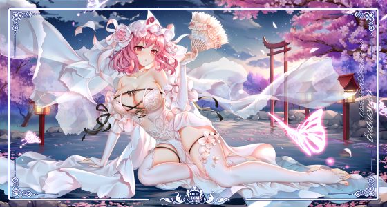 东方Project,西行寺幽幽子,yue_xiao_e,single,脸红,视线正对,短发,胸部,前发,红色眼,露肩,坐姿,巨乳,holding,粉发,天空