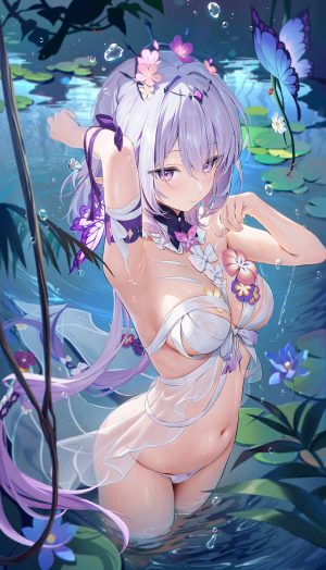 崩坏：星穹铁道,ほうき星,脸红,breasts,蝴蝶,发饰,长发,视线正对,露脐,胖次,尖耳,紫色眼,紫发,single,头饰,下着,超长发