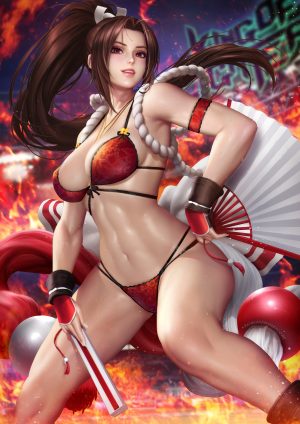 拳皇,不知火舞,nudtawut_thongmai,长发,single,長身像,视线正对,胸部,前发,茶发,笑顔,红色眼,holding,马尾辫
