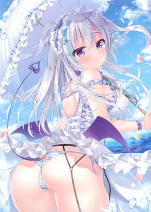 原创,こみやひとま,呆毛,前发,露肩,脸红,胸部,锁链,连衣裙,吊带袜,holding,长发,视线正对,回头看,横乳,胖次,花瓣,紫色眼,银发,天空,笑顔,single,黑丝,雨伞,下着,白丝,翅膀