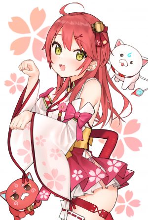 さくらみこ,Hololive,idemitsu,呆毛,前发,铃,脸红,绿色眼,发饰,长发,长袖,视线正对,開いた口,粉发,短裙,笑顔,Vtuber,白背景