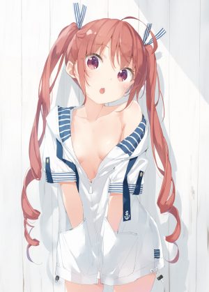 葉月ワトラ,原创,peko,呆毛,前发,脸红,露胸,长发,视线正对,開いた口,红色眼,缎带,貧乳,single,双马尾