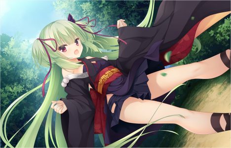 丛雨,otogi_frontier,千恋万花,むりりん,露肩,直刘海,脸红,游戏CG,绿发,发饰,和服,leaf,长发,长袖,视线正对,迷你短裙,開口,褶皱裙,红色眼,缎带,短裙,single,超长发