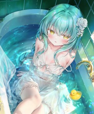 原创,鬼針草,脸红,三股辫,breasts,连衣裙,发饰,长发,single,湿身,黄色眼
