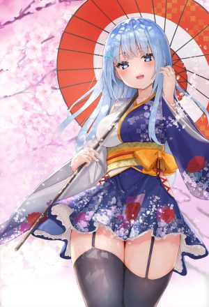 絵守未來,绘守未来Project,れいなま,黑丝,碧眼,青发,胸部,樱花,holding,和服,巨乳,长发,长袖,视线正对,オビ,開いた口,笑顔,single,雨伞,絶対領域