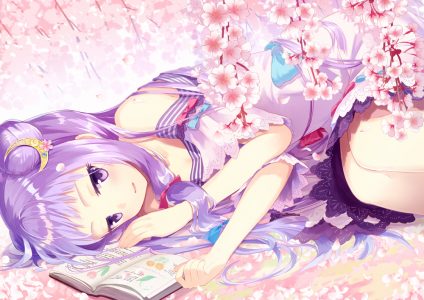 帕秋莉·诺蕾姬,东方Project,mito_tsubaki,露肩,脸红,樱花,双团子头,连衣裙,包子头,发饰,长发,视线正对,横臥,花瓣,紫色眼,紫发,single
