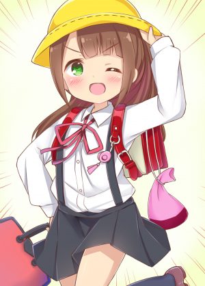 本庄アル,ひとりぼっちの○○生活,esureki,脸红,茶发,绿色眼,holding,长发,视线正对,闭只眼,開いた口,缎带,学校制服,衬衫,短裙,笑顔,single