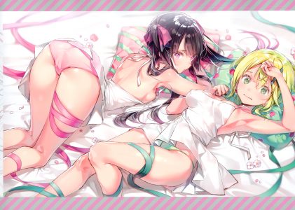 晓切歌,月读调,战姬绝唱SYMPHOGEAR,dsmile,前发,黑发,金发,露胸,cleavage,连衣裙,绿色眼,长发,视线正对,回头看,横臥,横乳,胖次,紫色眼,短发,结发,双马尾,下着