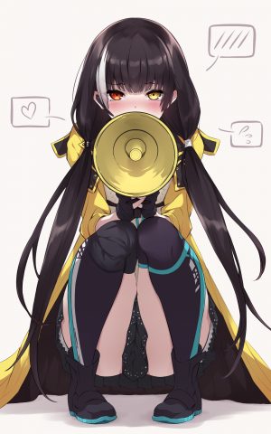 少女前線,diieru,脸红,全身,手套,holding,长发,视线正对,衬衫,短裙,single,黑丝,白背景,白发,黄色眼