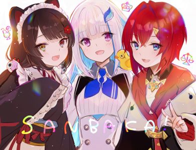 lize_helesta,ange_katrina,inui_toko,sebastian_piyodore,Nijisanji,藤ちょこ,兽耳,前发,黑发,碧眼,青发,直刘海,脸红,发饰,和服,长发,长袖,视线正对,開いた口,紫色眼,红色眼,短发,笑顔,双马尾,Vtuber,和服女仆,白背