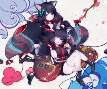 fusou,山城,碧蓝航线,yaekn,兽耳,黑发,碧眼,胸部,猫耳,cleavage,发饰,和服,巨乳,长发,仮面,赤い目,短发,黑丝,白丝,絶対領域