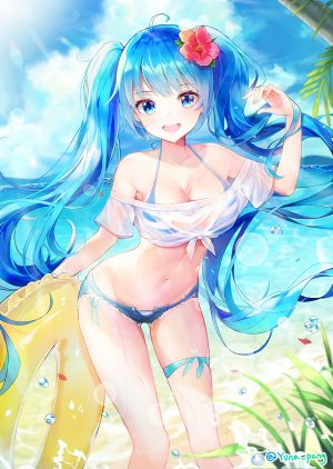 VOCALOID,初音ミク,yuna,长发,single,長身像,脸红,视线正对,開いた口,碧眼,胸部,前发,笑顔,双马尾,露肩,青发,holding,天空