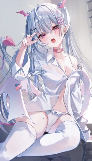 原创,myowa,水着,breasts,项圈,cleavage,长发,尖耳,衬衫,single,泳装,丝袜,双马尾,白发,白丝,翅膀