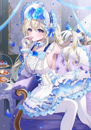 月宮サラ,原创,金发,脸红,breasts,项圈,连衣裙,手套,发饰,holding,长发,视线正对,项链,裤袜,紫色眼,坐姿,笑顔,single,超长发